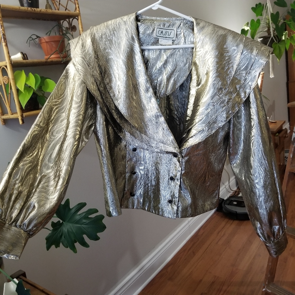 Vintage Gold Blazer 80's Dressy Jacket Large Canada Cassis Ruffled Collar Unique